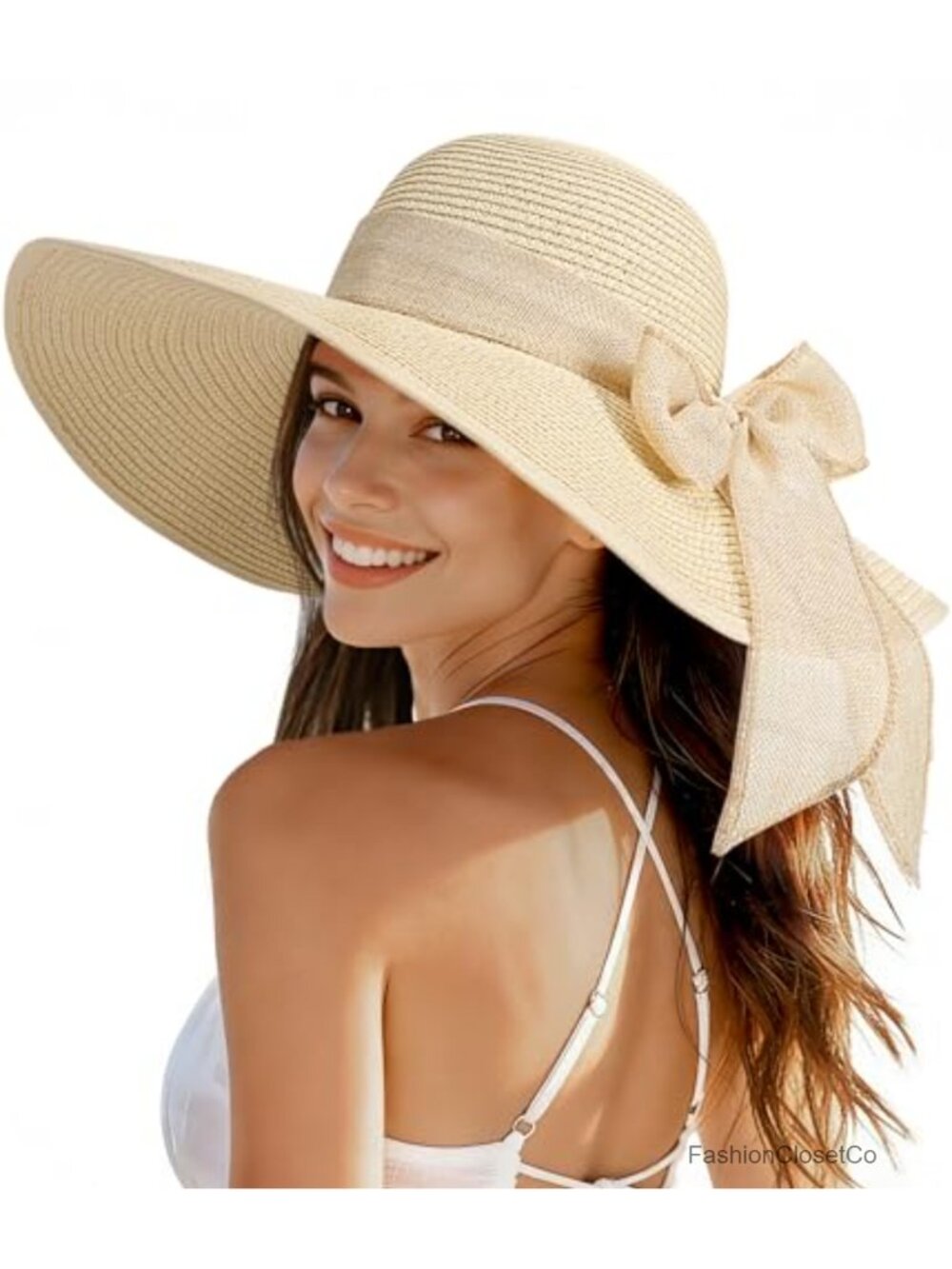 Wide Brim Straw Sun Hat with Chin Strap, Foldable UPF 50+ - Picture 1 of 6